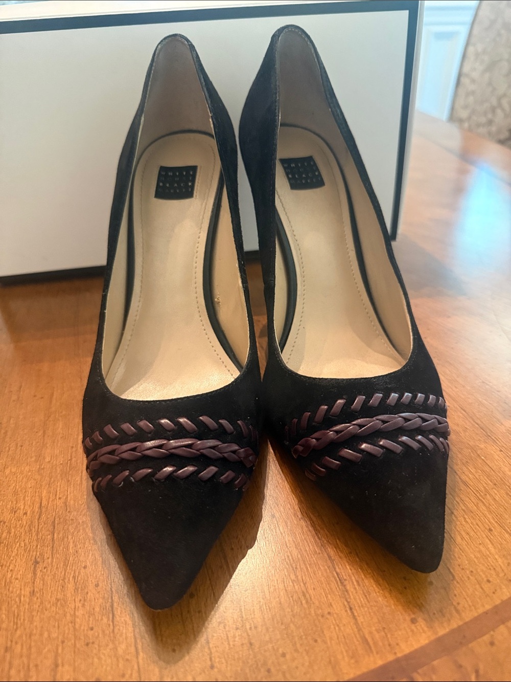 White House Black Market Black Suede Pointed Pumps with Braided Accent